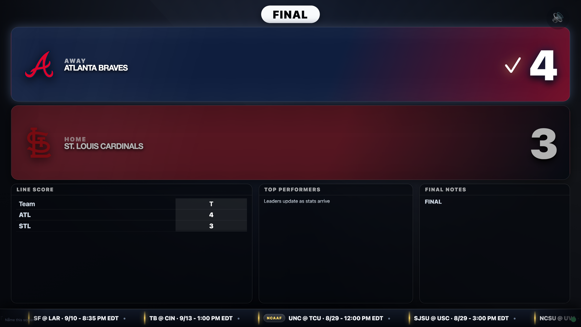 Stadiate board showing a live scoreboard